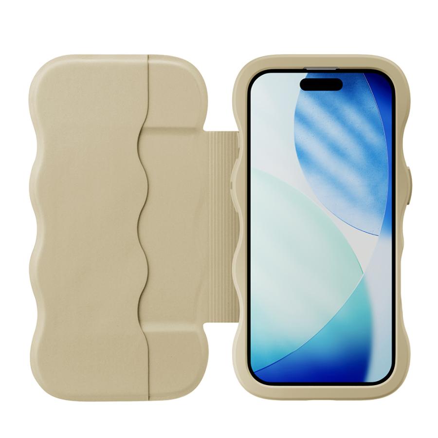 Premium Style iPhone17 用 ウェーブフリップケース シルバー ベージュ