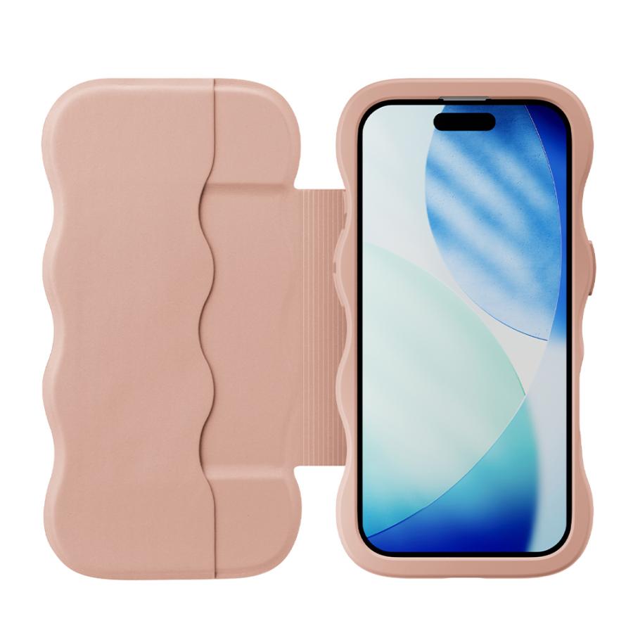 Premium Style iPhone17 用 ウェーブフリップケース シルバー ベージュ