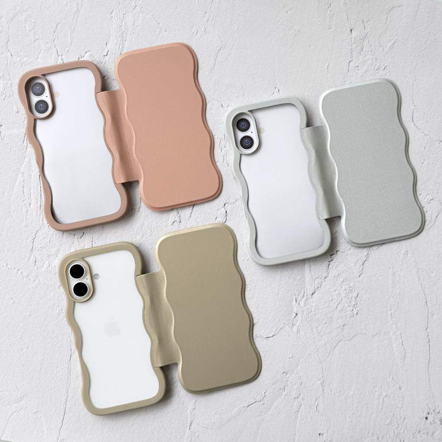 Premium Style iPhone17 用 ウェーブフリップケース シルバー ベージュ