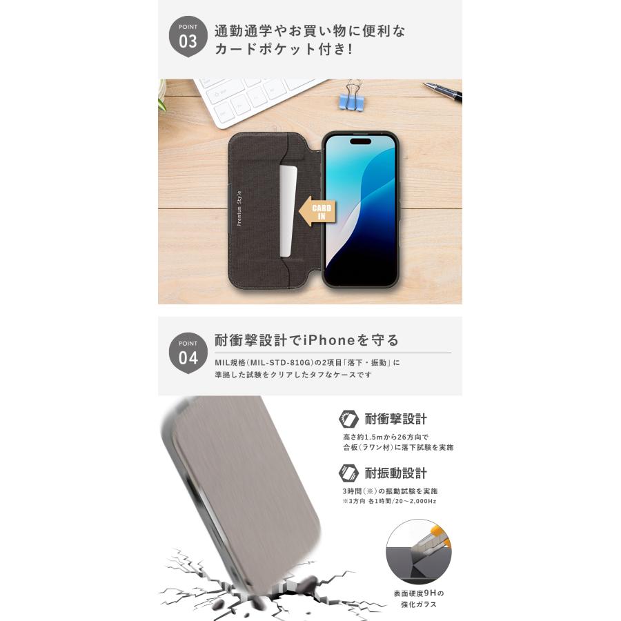 Premium Style iPhone16 ケース 手帳型 カバー グレー クリア 灰色