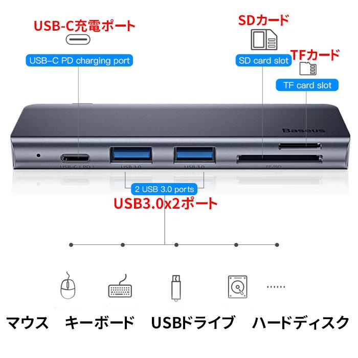 USB C ハブ　5ポート USB Type C PD充電対応 スリム  USB3.0 SD TF カードリーダー タイプC アダプタ ノートパソコン MacBook Pro ChromeBook対応【メール便可】｜pgear｜03