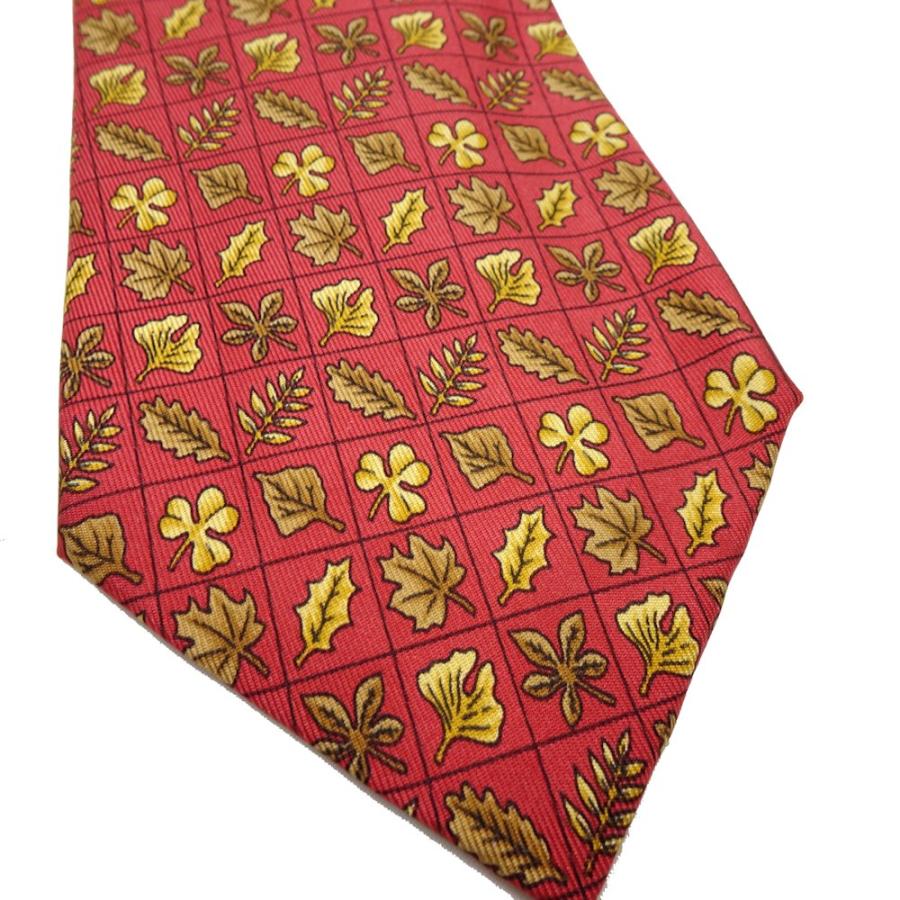 エルメス HERMES 葉っぱ柄 ネクタイシルク100％ エンジ色 / 080097