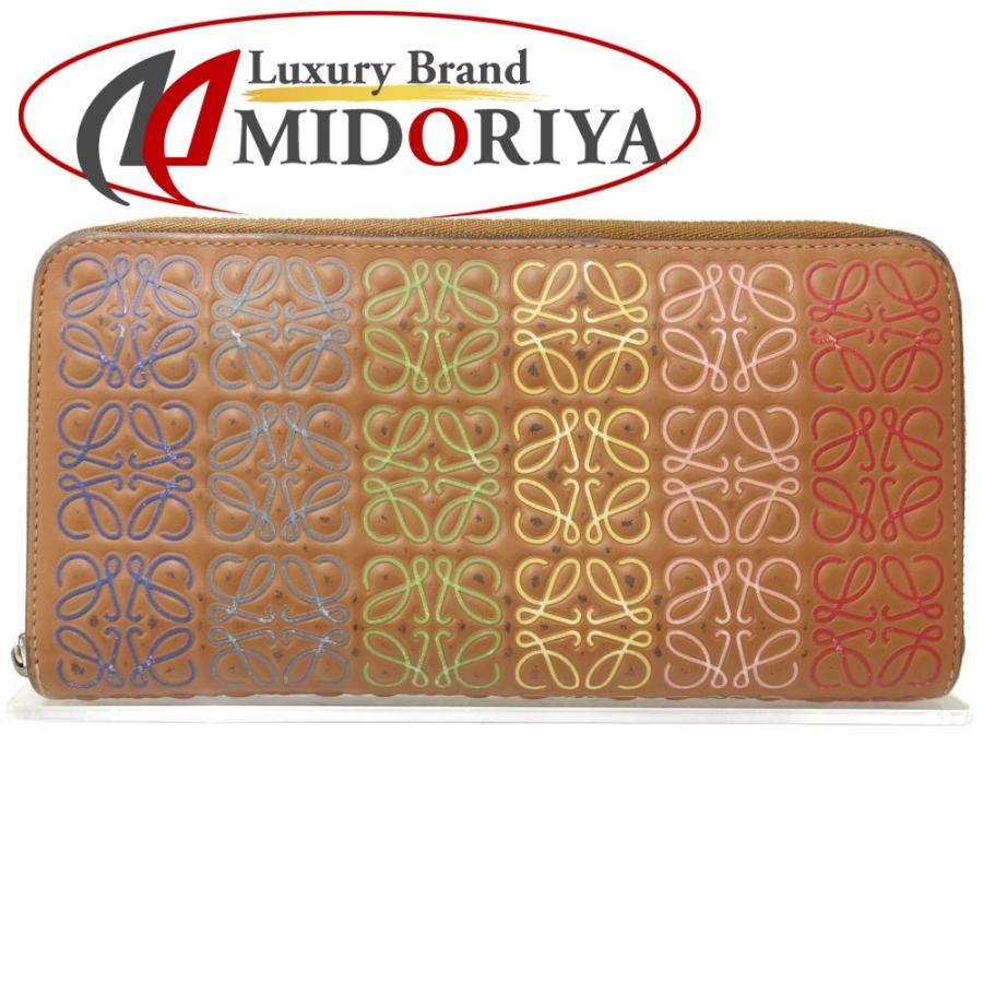 LOEWE ロエベラウンドジップ長財布 ブラウン グリーン チェック