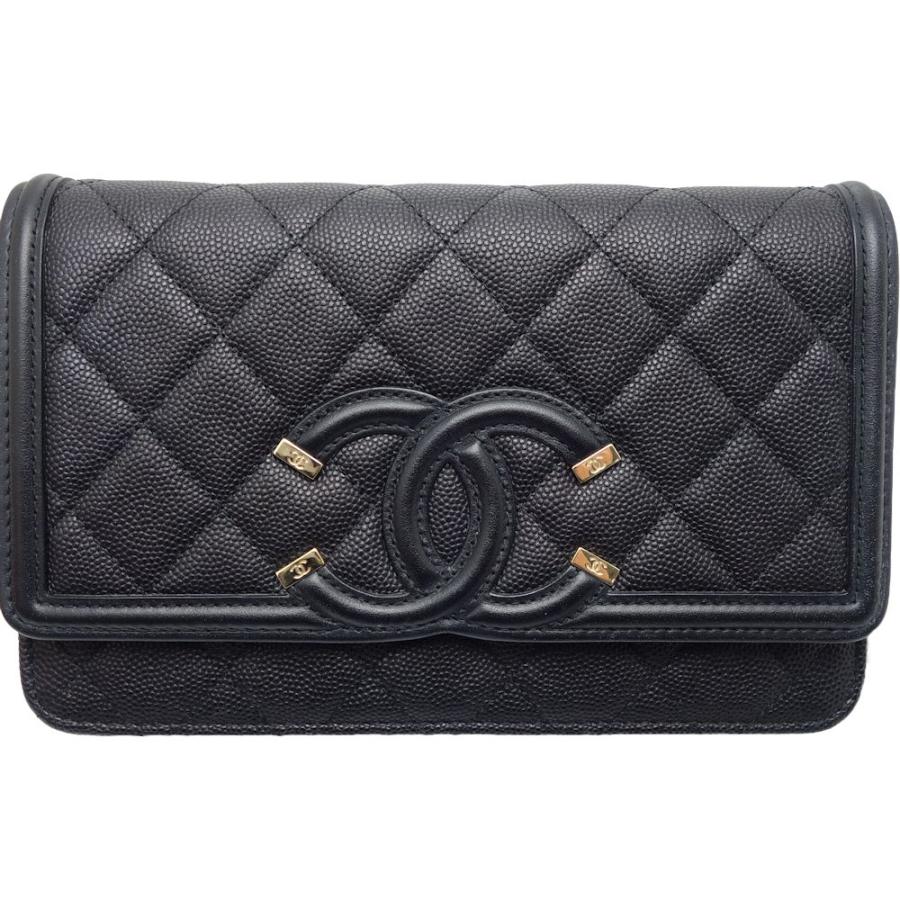 CHANEL シャネル CCフィグリーチェーンウォレット マトラッセ A84451 斜め掛けショルダーバッグ キャビアスキン ブラック/180337【中古】｜phasemidoriya78｜02