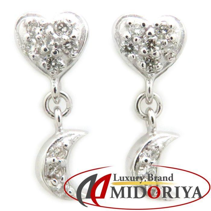 ダイヤモンドピアス ハート ムーン 月 K18WG ダイヤモンド0.07ctx2  