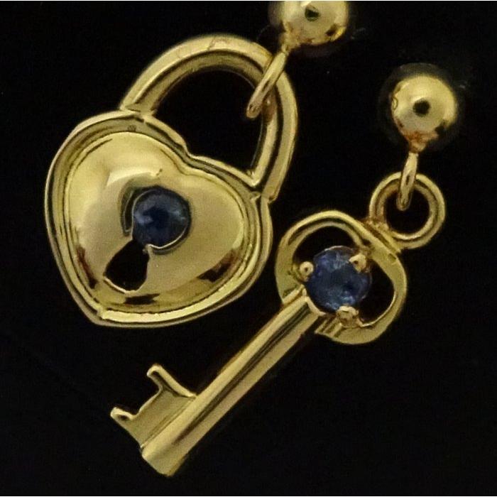 motif 鍵モチーフ ピアス サファイヤ ハートロック＆キー K18YG