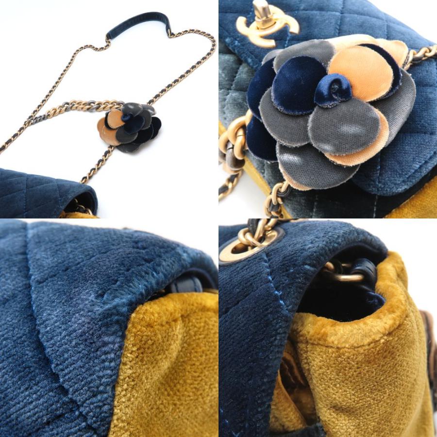 CHANEL シャネル カメリア フラワー チェーンショルダーバッグ 2018 Paris-Cosmopolite ベロア ネイビー マスタード レディース/352848【中古】 CHANEL（シャネル） カメリア フラワー チェーンショルダー 2018 Paris