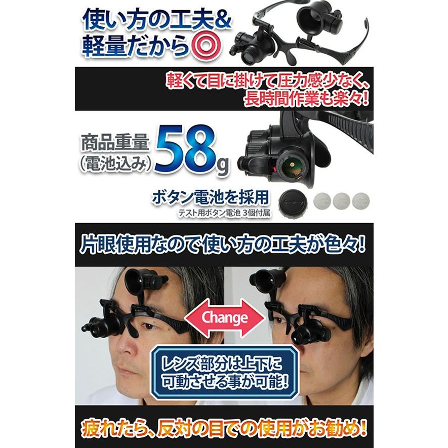 めがねルーペB 4種の倍率 高照度の2LEDライト搭載 照射角度も調節可能 軽量で長時間作業でも疲れにくい 45日間保証書付き/めがねルーペB｜phoenix-zakka｜07