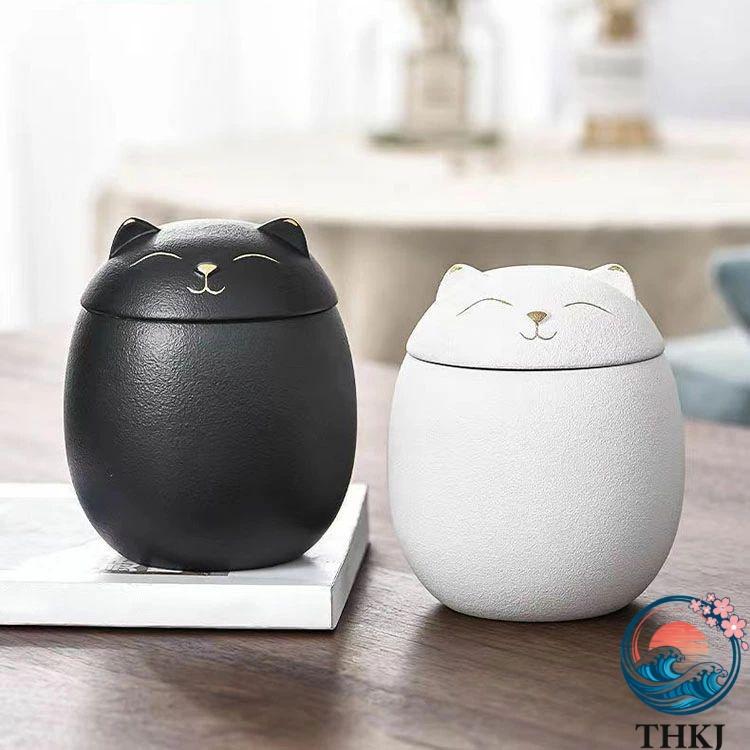 笑顔の猫 キャニスター 陶磁器 日本風 おしゃれ 蓋付き 珈琲