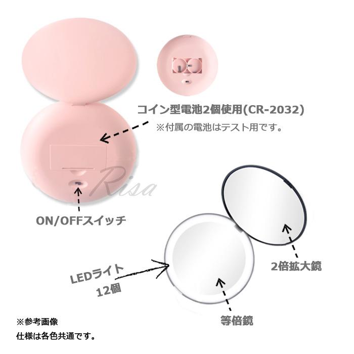 Risa（リサ） 拡大鏡 2面ミラー 4カラー コンパクトミラー led 手鏡