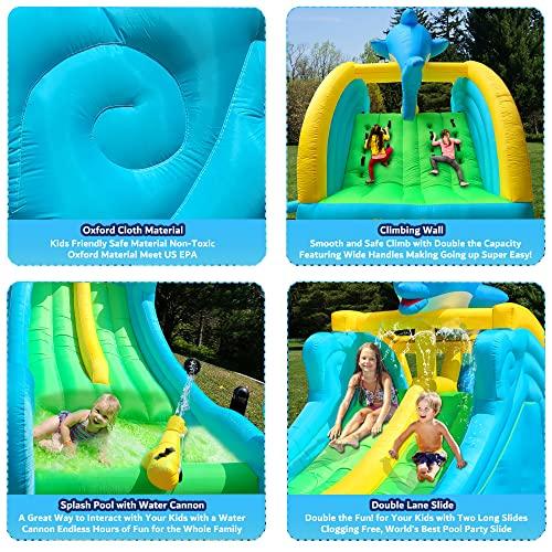 [即日発送] Clapjoycamp インフレータブル ウォータースライド クライミングウォール、スプラッシュプール、ウォーターキャノン、ダブルレーン、ドルフィンテーマ 屋内 【BCD2473954576】(88967円)