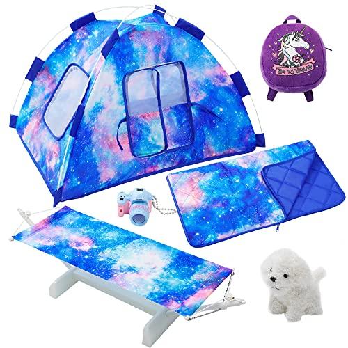 スルーアドン18インチドールアクセサリーキャンピングテント&ハンモックセットドールキャンピングテント、スリーピングバッグ、ハンモックベッド