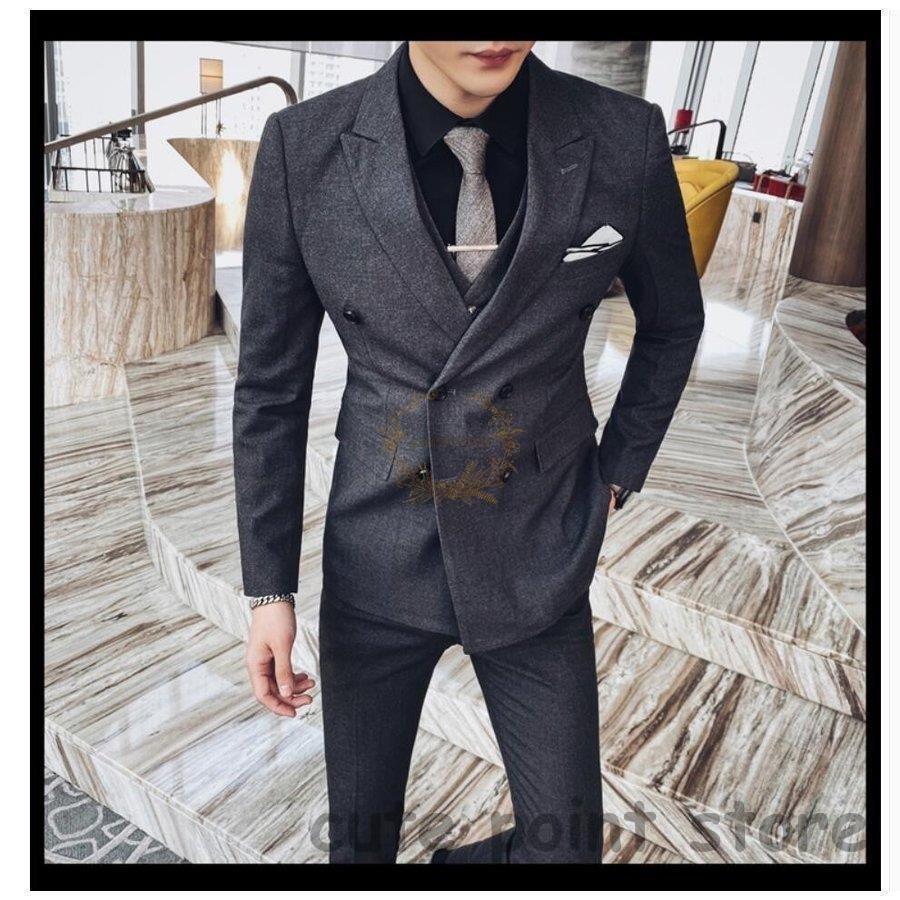 海外ブランド ダブルボタンスーツ カジュアル 3点セットスーツ メンズスーツ 3ピーススーツ フォーマルスーツ ビジネススーツ 披露宴 就職活 卒業式 成人式 二次会 結婚式 タキシード カラー ダークグレー Drazor Co Rs