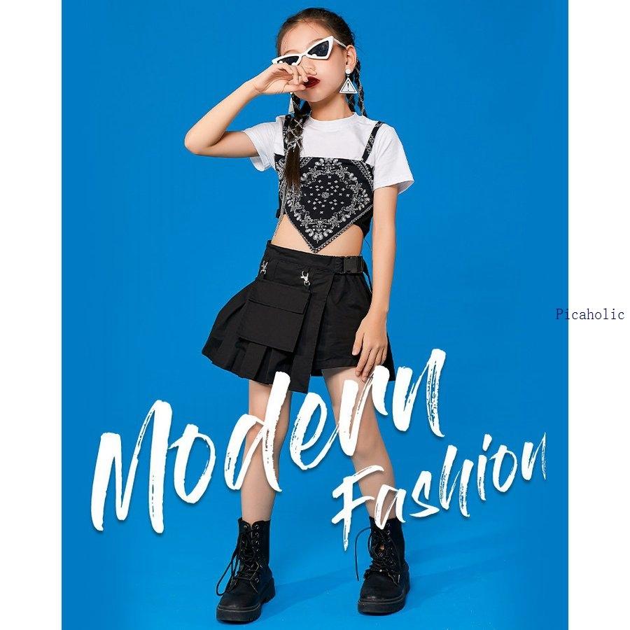 キッズ ダンス衣装 トップス スカート 半袖 花柄 へそ出し ヒップホップ 子供 団体服 チアガール 女の子 1 170 ジャズ 発表会 正規店 プリーツスカート ステージ衣装