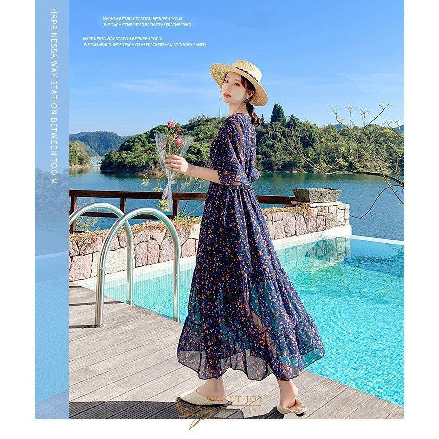 当季大流行 ワンピースレディース40代マキシワンピース春夏半袖花柄シフォンvネックフレアスカートひざ下オシャレ韓国風大人上品30代結婚式ドレス ワンピース サイズ S Www We Job Com