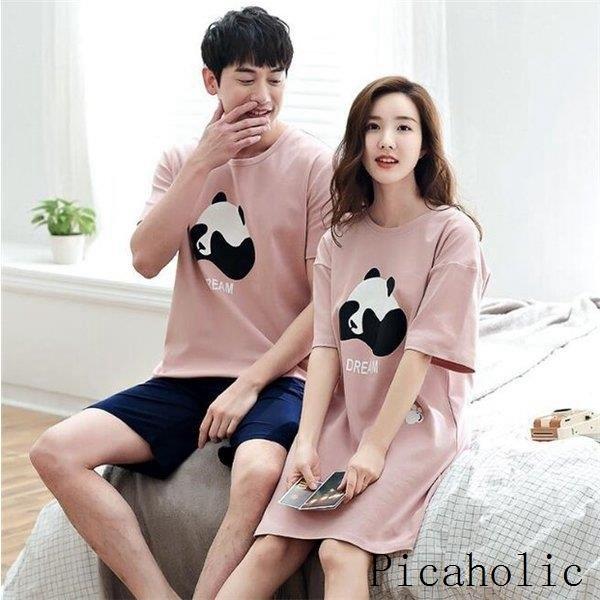 ペア パジャマ ペアルック カップル セットアップ ご夫婦 お揃い 半袖 Tシャツ パンツ メンズ ワンピース 女 可愛いパンダ 春 夏 ペア 服 部屋着 寝巻き 寝間着 最新な
