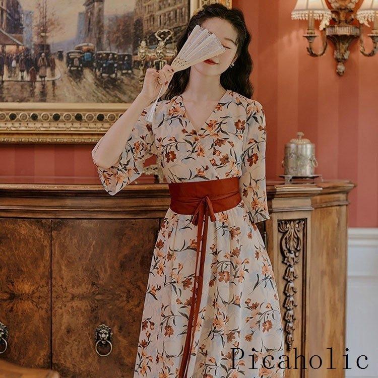 ワンピース レディース 夏 半袖 フレア袖 花柄ワンピース きれいめ 膝丈ワンピース 韓国風 復古風 オフィス オシャレ カジュアル 着痩せ 人気満点