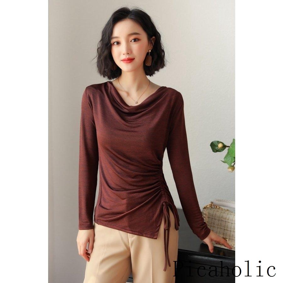 カットソー ドレープ サイドスリット ドレープカットソー 無地 長袖 トップス レディース ギフ 包装