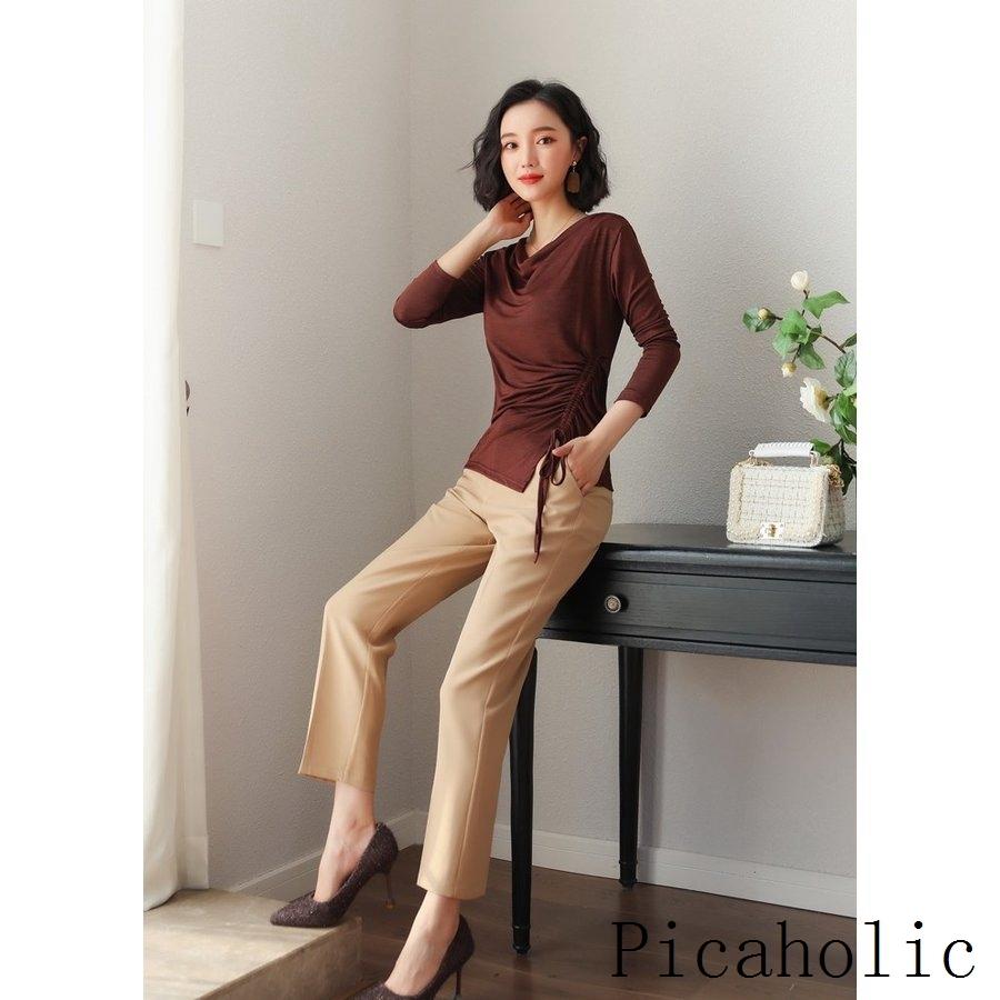 カットソー ドレープ サイドスリット ドレープカットソー 無地 長袖 トップス レディース ギフ 包装