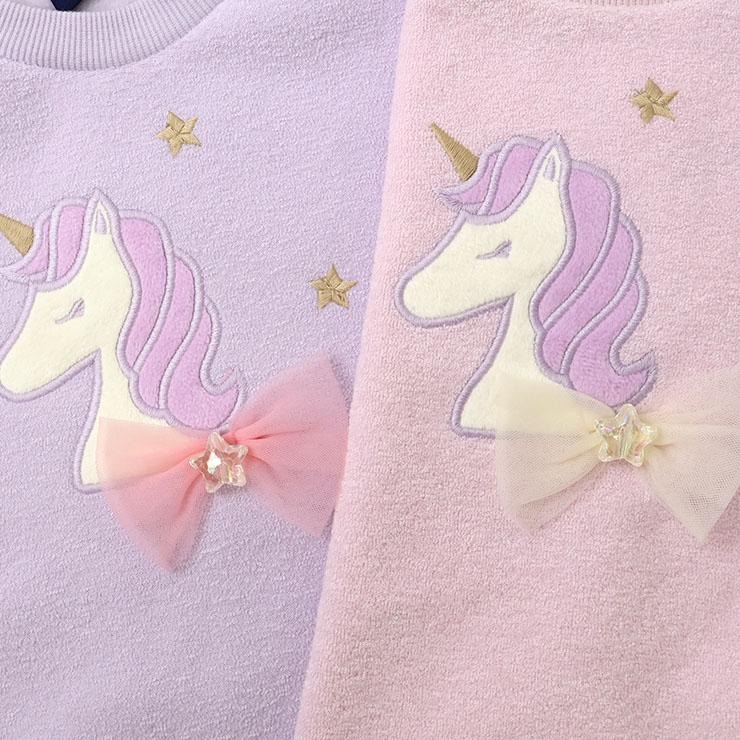 ブークレー素材トレーナー 裏起毛 袖ボア切替 ユニコーン リボン ゆめ