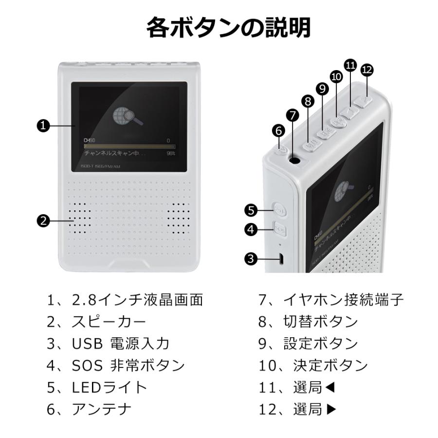 2.8インチ手回ポータブルワンセグテレビラジ LEDライト USB充電対応