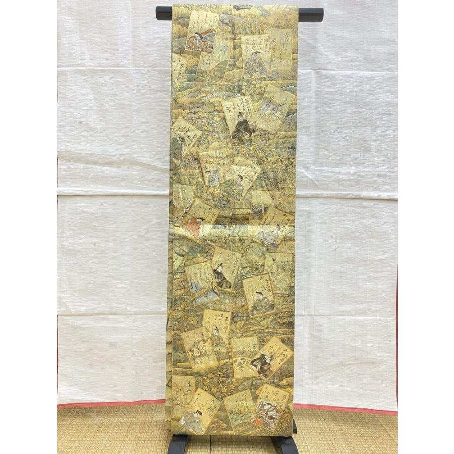 中古 】 袋帯 両面全通総絵図 小倉百人一首 光琳かるた 柄 ケース付き