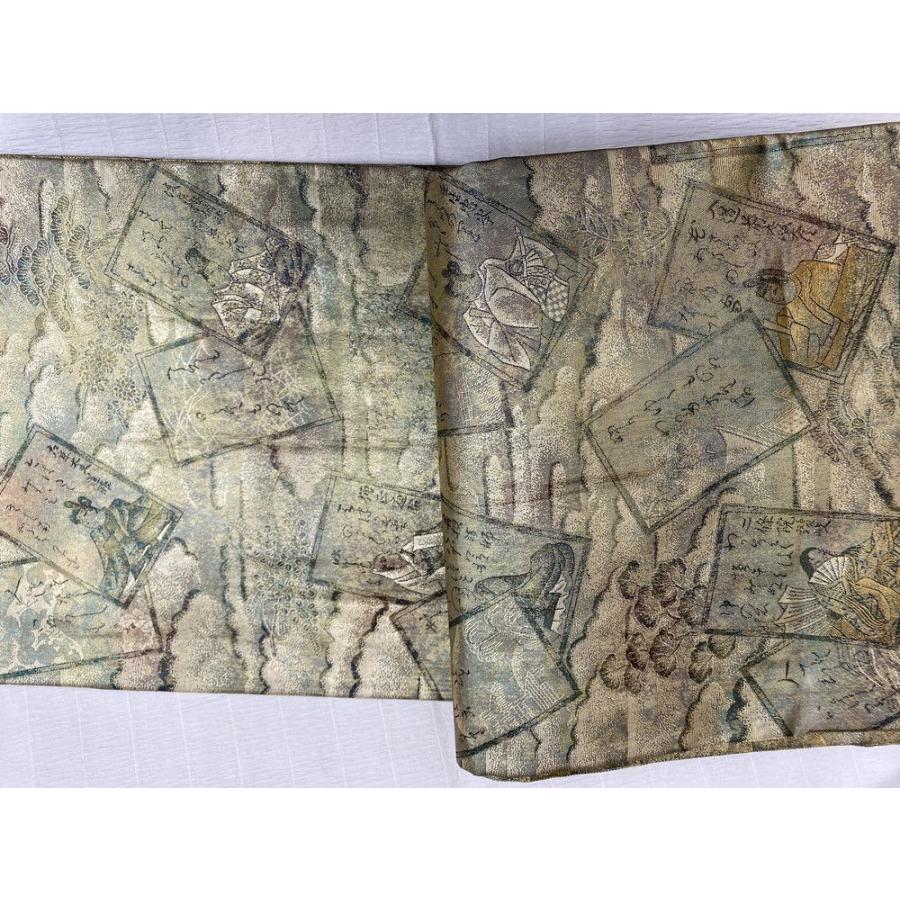中古 】 袋帯 両面全通総絵図 小倉百人一首 光琳かるた 柄 ケース付き