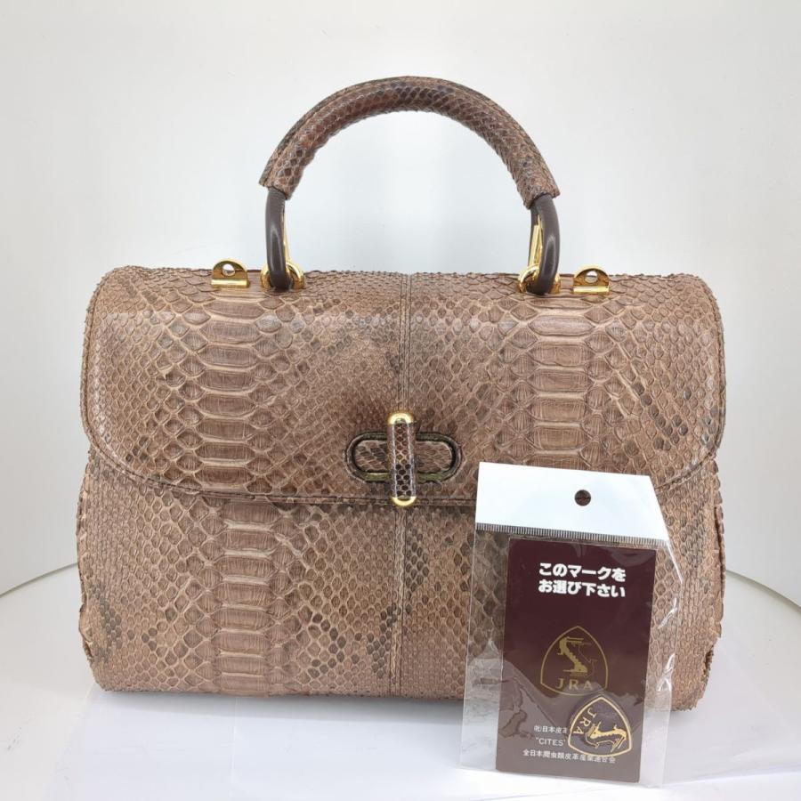 JRA認定 ハンドバッグ パイソン ブラウンxゴールド金具 JRA冊子 蛇革  
