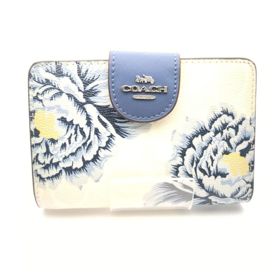 COACH コーチ 二つ折り財布 PVCxレザー ホワイトxブルー 花柄 COACH コーチ 二つ折り財布 PVCxレザー ホワイトxブルー 花柄