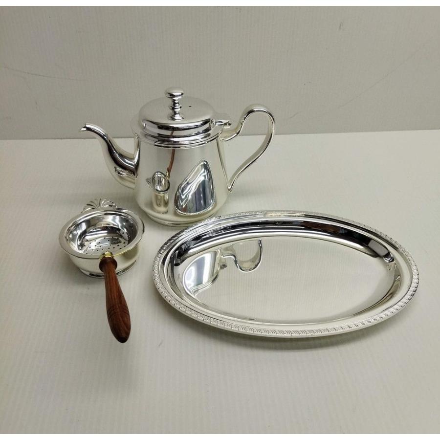 お買い求めしやすい価格 未使用品 銀食器 茶器 3点セット ティーポット 5人用 ティーストレーナー クリーマートレー 3115 登呂店 正規激安