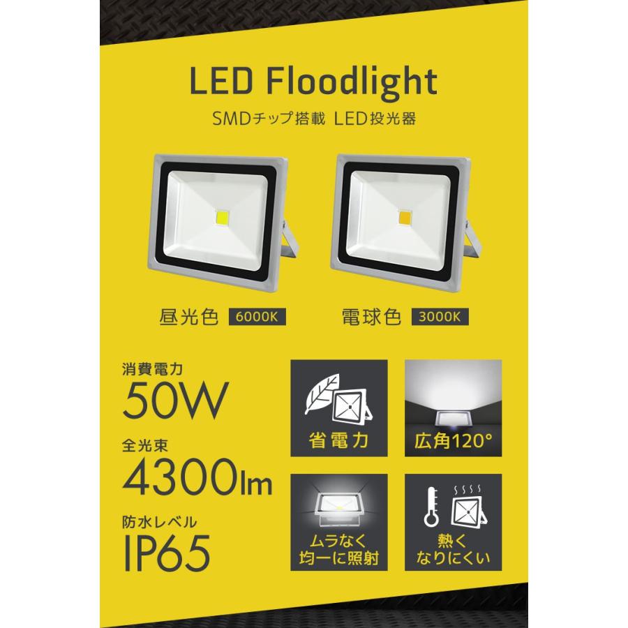 LED投光器 50W 500W相当 防水 作業灯 外灯 防犯 ワークライト 看板照明 昼光色 2個セット 一年保証｜pickupplazashop｜03