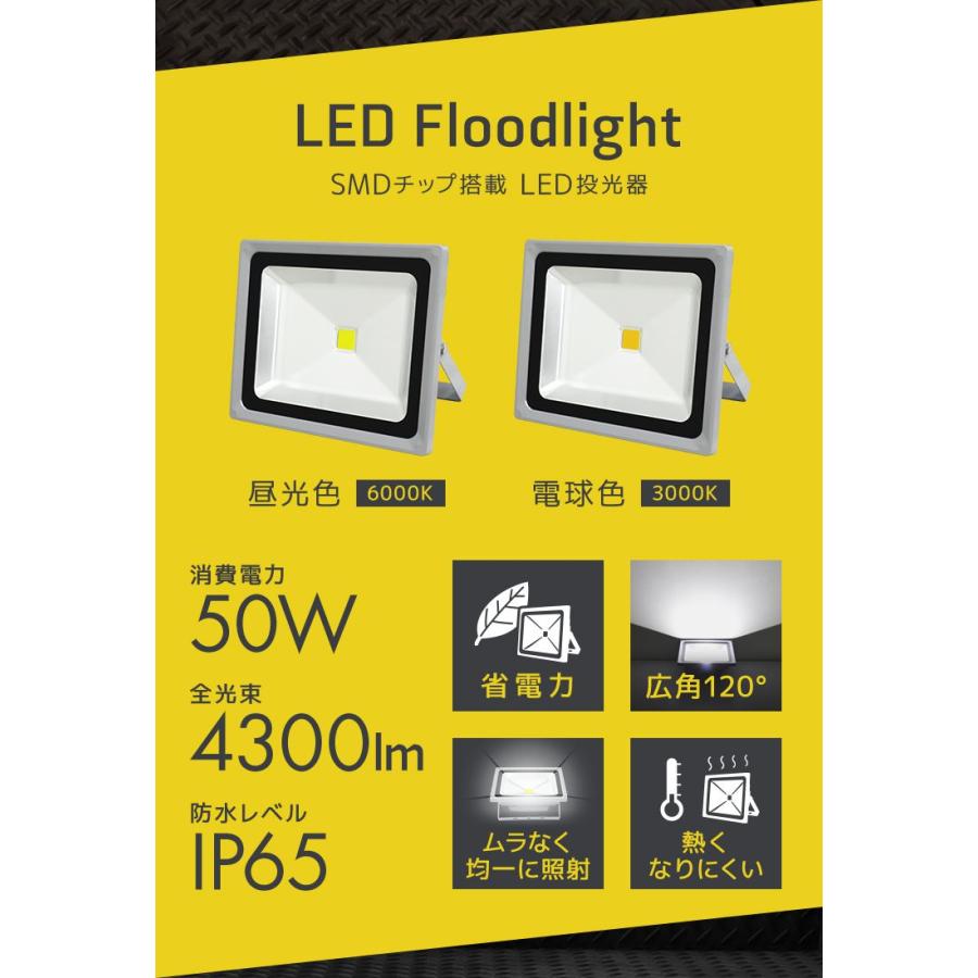 LED投光器 50W 500W相当 防水 作業灯 外灯 防犯 ワークライト 看板照明 昼光色 4個セット 一年保証｜pickupplazashop｜03