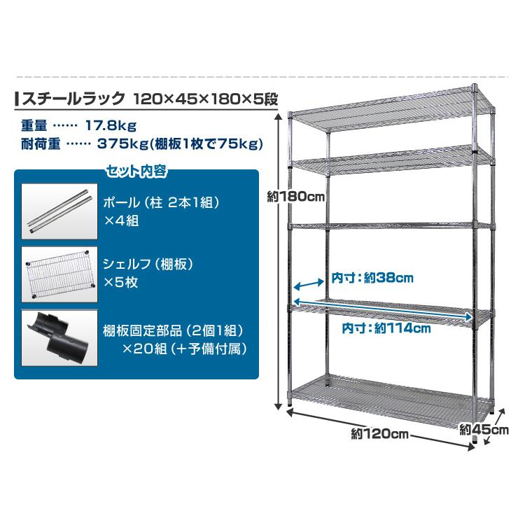 スチールラック メタル 製 ラック 幅120 5段 ブラック シルバー シェルフ 収納ラック 収納棚 メタル 耐荷重 375kg スチールラック本体