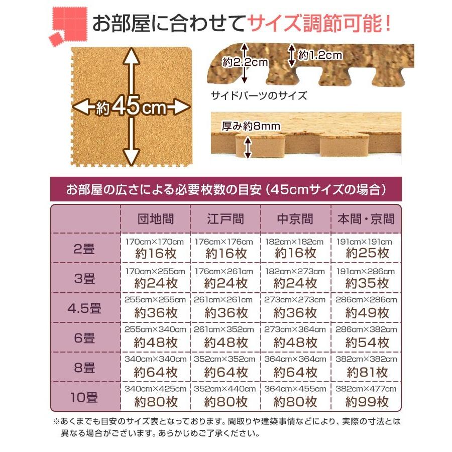 ジョイントマット 大判 コルク 45cm 48枚 厚手 サイドパーツ付 抗菌 防臭 洗える 床暖房対応 コルクマット 子供 ペット 犬 猫 クッションマット｜pickupplazashop｜10