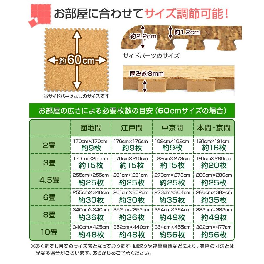 コルクマット ジョイントマット 大判 60cm 64枚 約12畳 サイドパーツ付 抗菌 防臭 洗える 床暖房対応 子供 ペット 犬 猫 クッションマット ペットマット｜pickupplazashop｜11