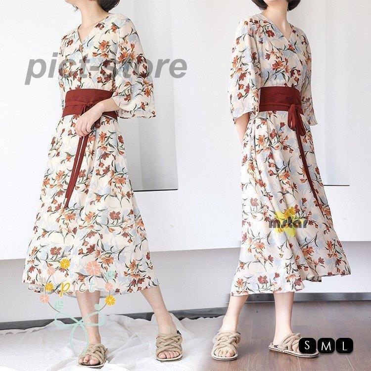 ワンピース 花柄 レディース 着物風 五分袖 柔らかい カシュクール ロング丈 おしゃれ ワンピ Kiko xm55 Pict 通販 Yahoo ショッピング