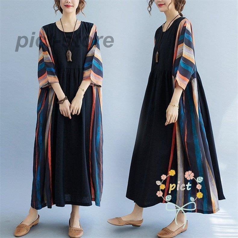 本店 ワンピース レディース リネンワンピース 丸首 マキシワンピース 大きいサイズ ゆったり 綿麻混ワンピース 夏 ロングワンピースa