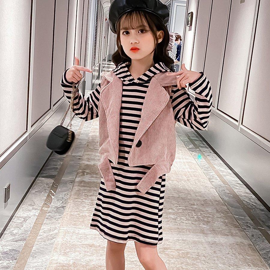 キッズ 子供服 女の子 ボーダー柄ワンピース ベスト 長袖 2点セット おしゃれ カジュアル 中学生 可愛い 暖かい