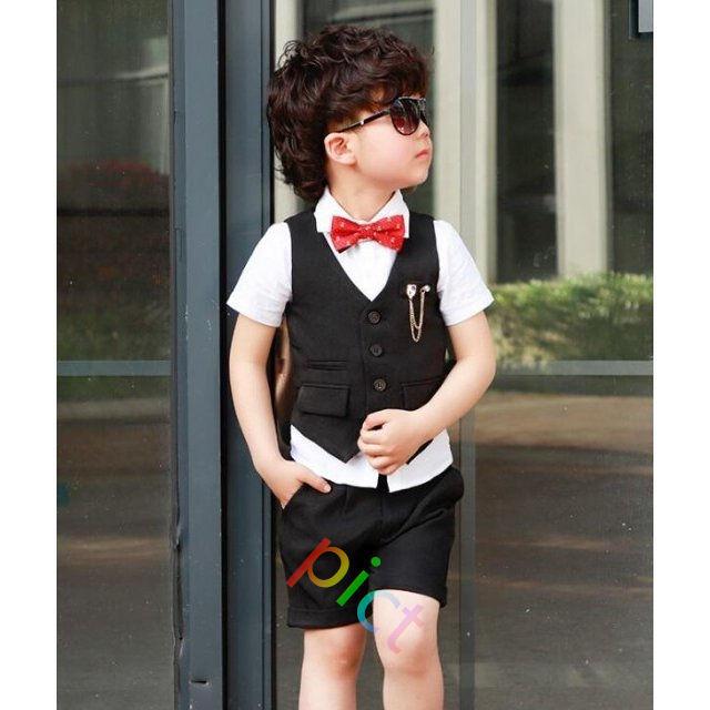 最安値挑戦 春夏半袖シャツ キッズ子供服 男の子 フォーマルスーツセットアップ 上下3点セット シャツ ベスト ショートパンツ イギリス風 ネクタイ 現金特価 Www Aqtsolutions Com