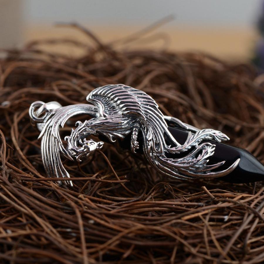 ペンダント ネックレス シルバー925製 オニキス スターリングシルバー 鳳凰 火の鳥 不死鳥 フェニックス 爆買の画像