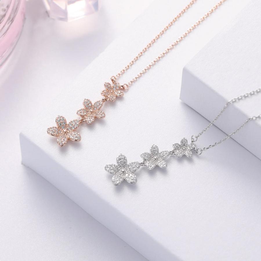 ネックレス シルバー925 三連 花 フラワー パヴェ キラキラ 上品