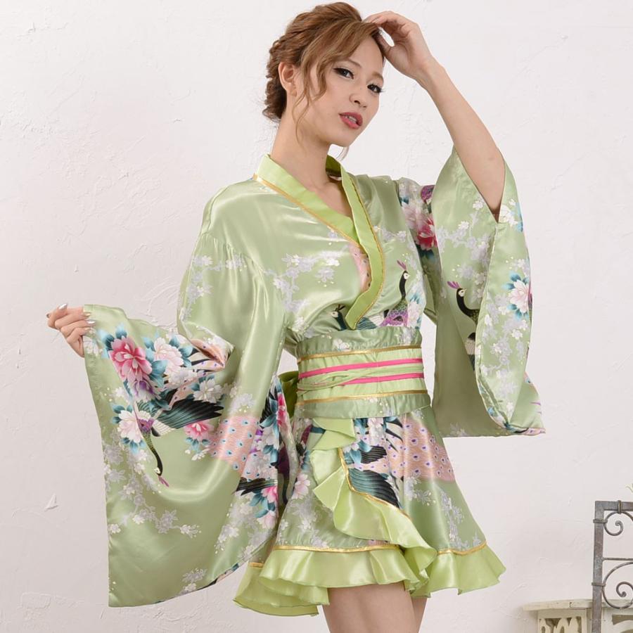 ゴールドパイピングフリルサテンミニ着物ドレス よさこい 花魁 キャバ