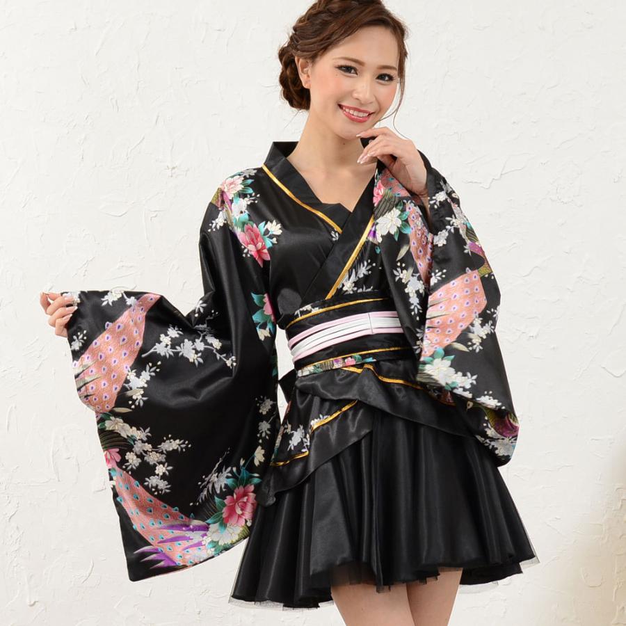 サテン和柄豪華花魁ミニ着物ドレス キャバドレス レディース フリル