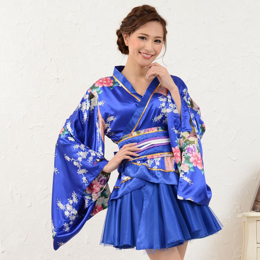 サテン和柄豪華花魁ミニ着物ドレス キャバドレス レディース フリル