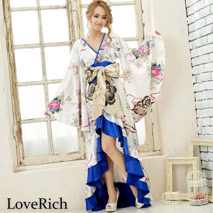 サテン和柄フリルロング着物ドレス キャバドレス 女性用 衣装