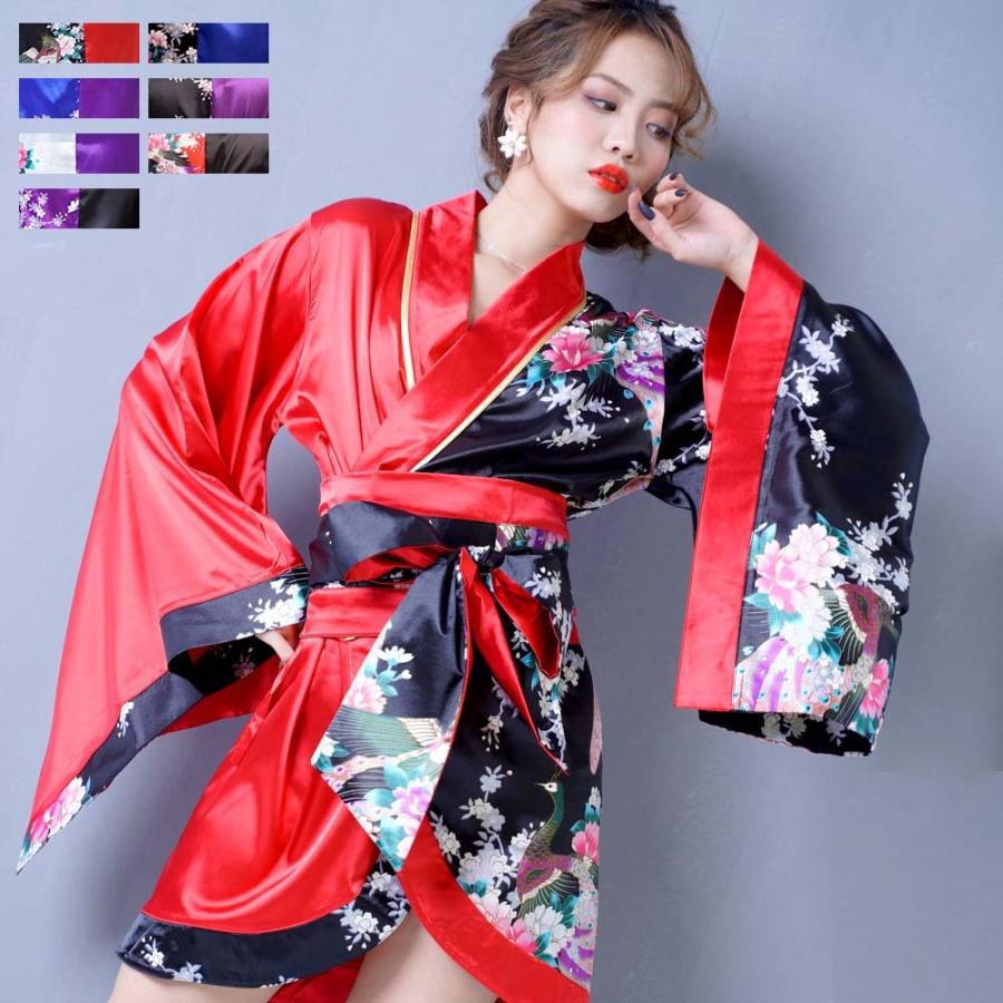 ツートンカラー孔雀和柄着物ドレス キャバドレス 女性用 和柄 衣装 ダンス よさこい 花魁 コスプレ ショート丈 カラー豊富 爆買