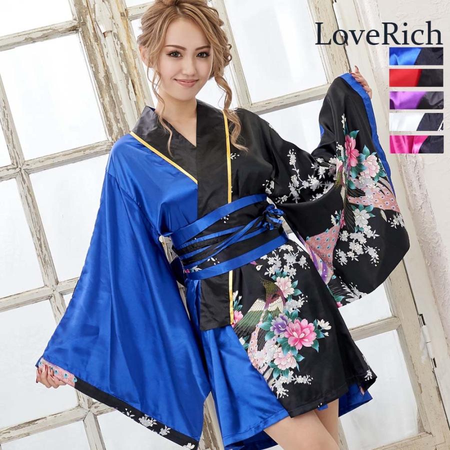 サテン和柄花魁ミニ着物ドレス キャバドレス 女性用 鮮やか