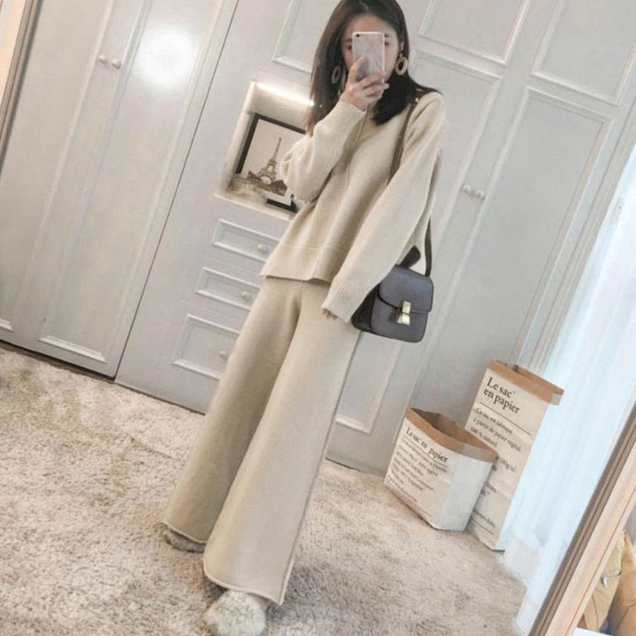 セットアップ レディース 秋冬 スリット 長袖 ニット ワイドパンツ