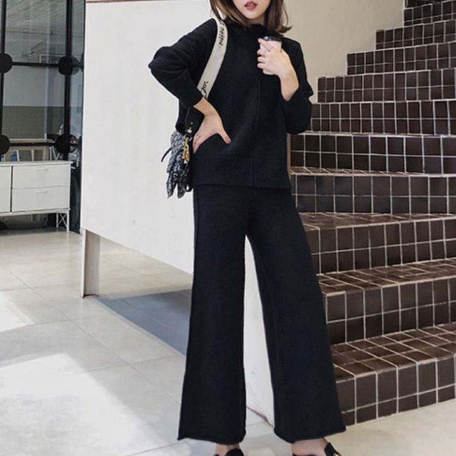 セットアップ レディース 秋冬 スリット 長袖 ニット ワイドパンツ