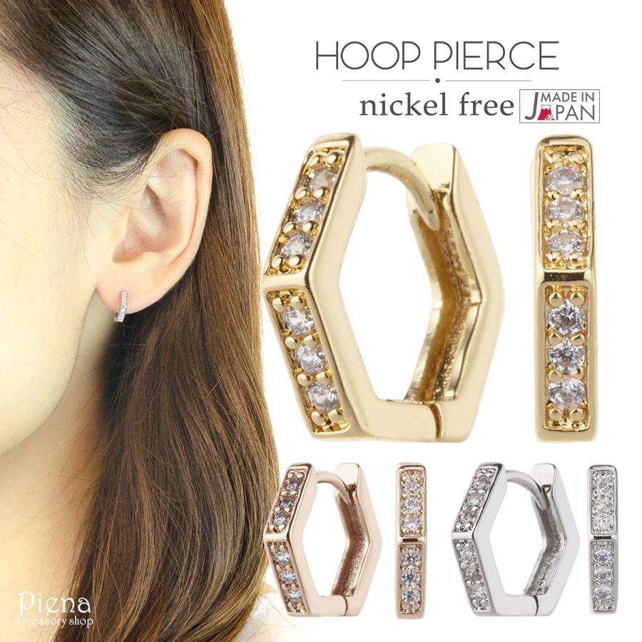 ピアス キュービックジルコニア フープ エタニティ 六角形 6粒